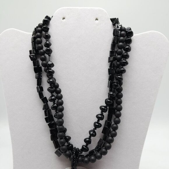 Black Multi Strand Beaded Necklace With Round Shell Pendant Adjustable Clasp - Picture 3 of 4